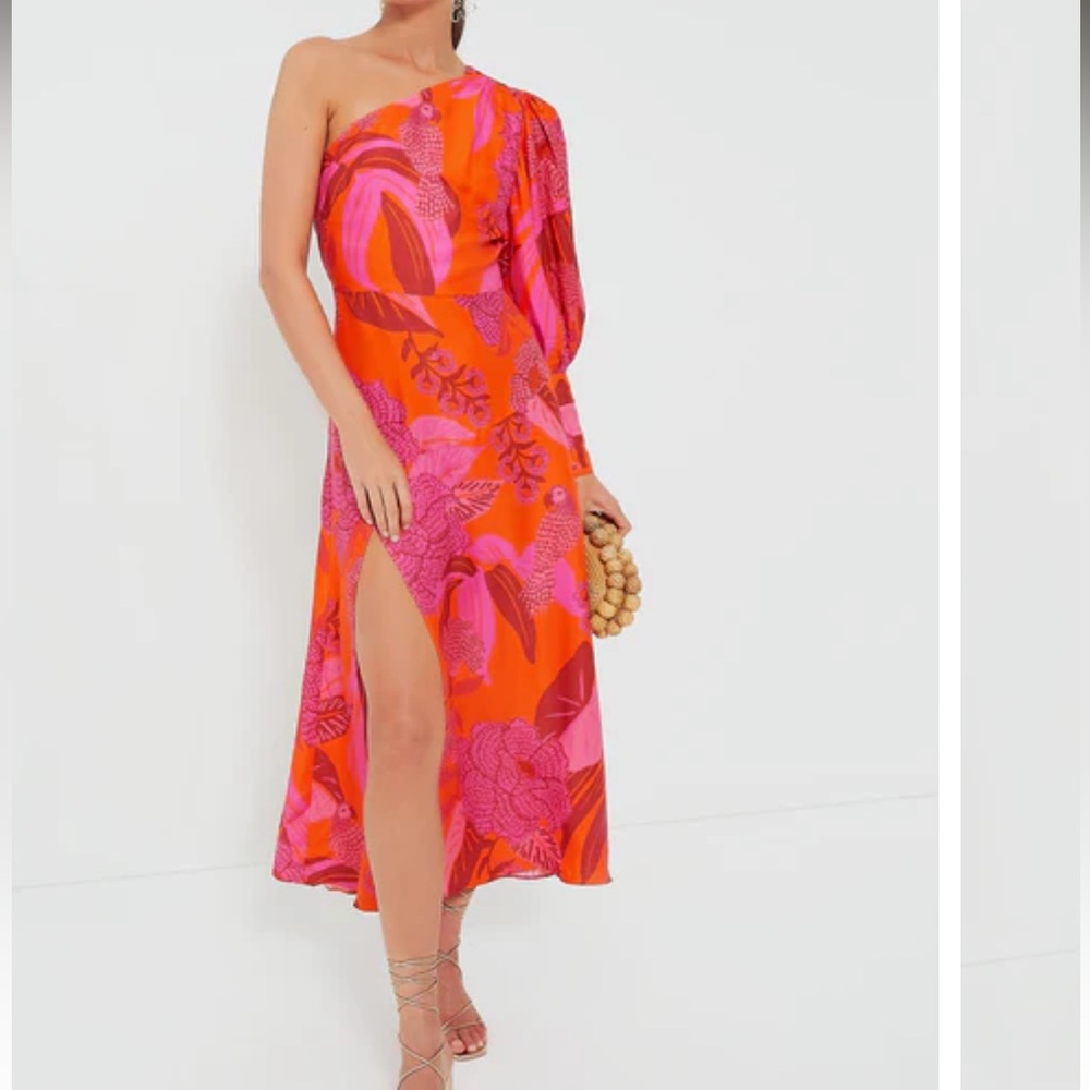 Farm Rio Dewdrop Floral Red One Shoulder Midi Dress